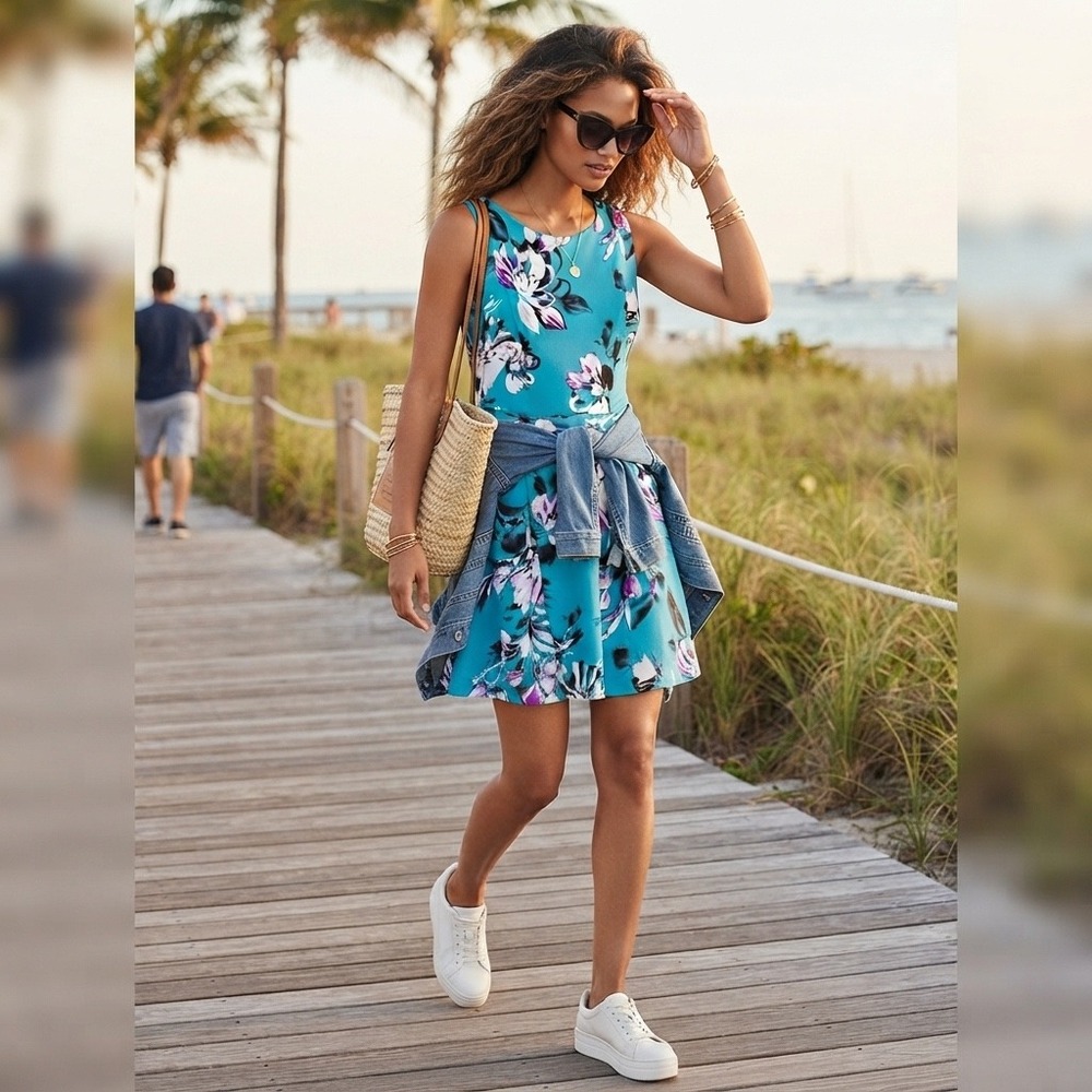 Roz & Ali Turquoise Floral Fit & Flare Dress Womens 10 Sleeveless Zip Coastal